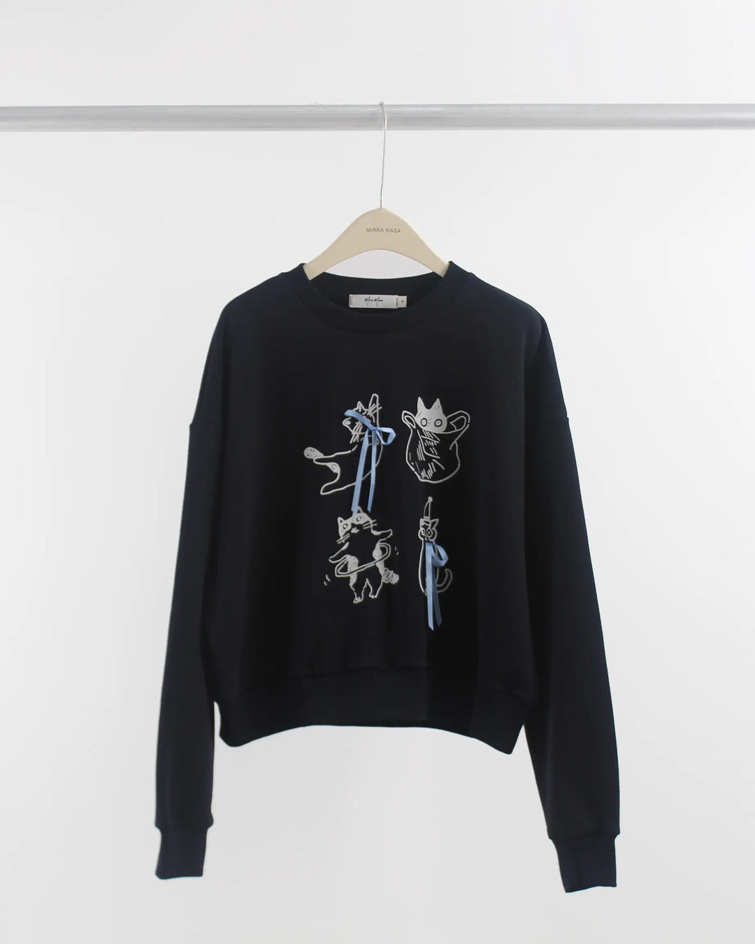 An image of a Dark-Blue-One-Size 7644Q Kitty and Bow Sweatshirt by Mirra Masa