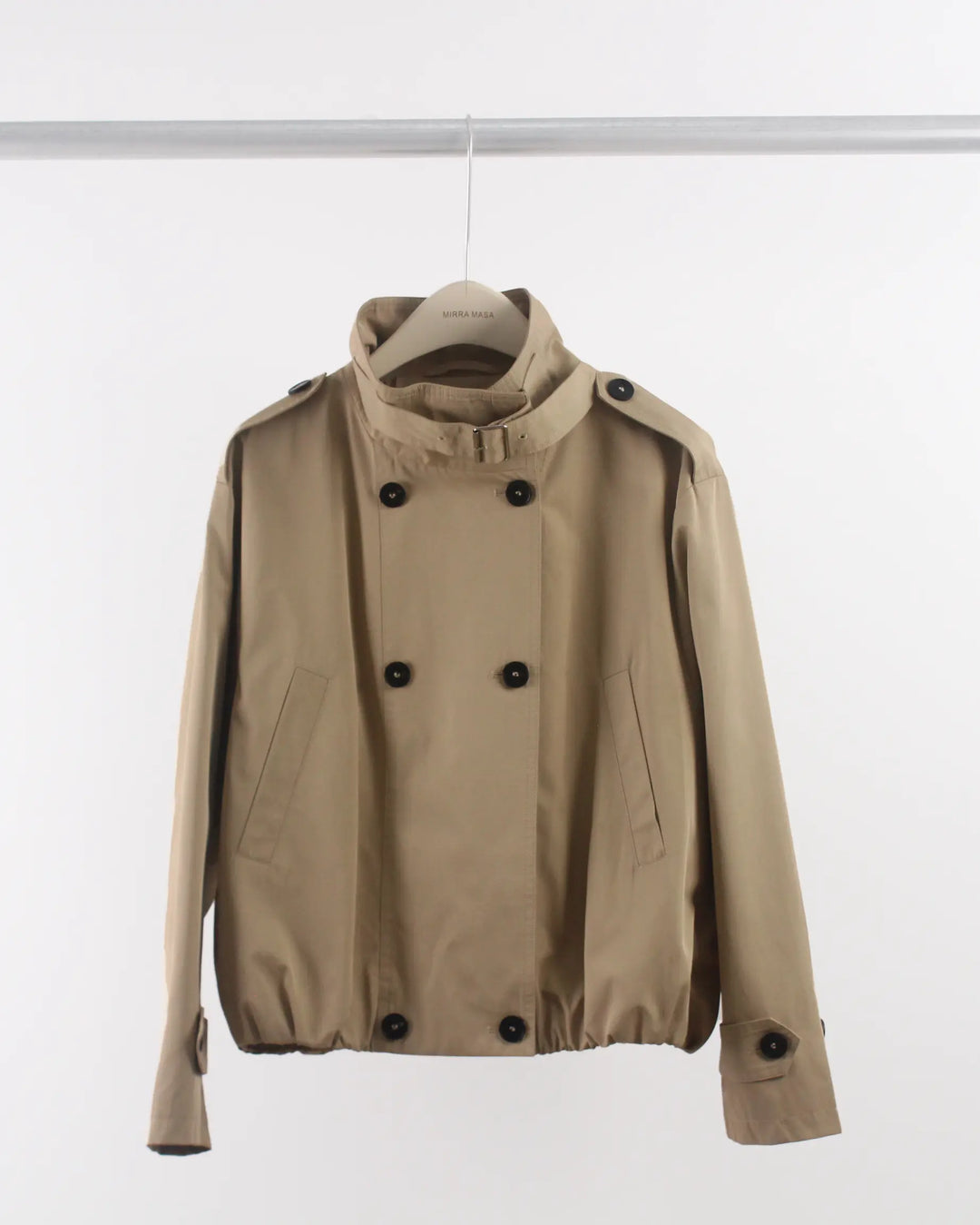 An image of a Khaki-Medium A072 Short Trench Coat by Mirra Masa