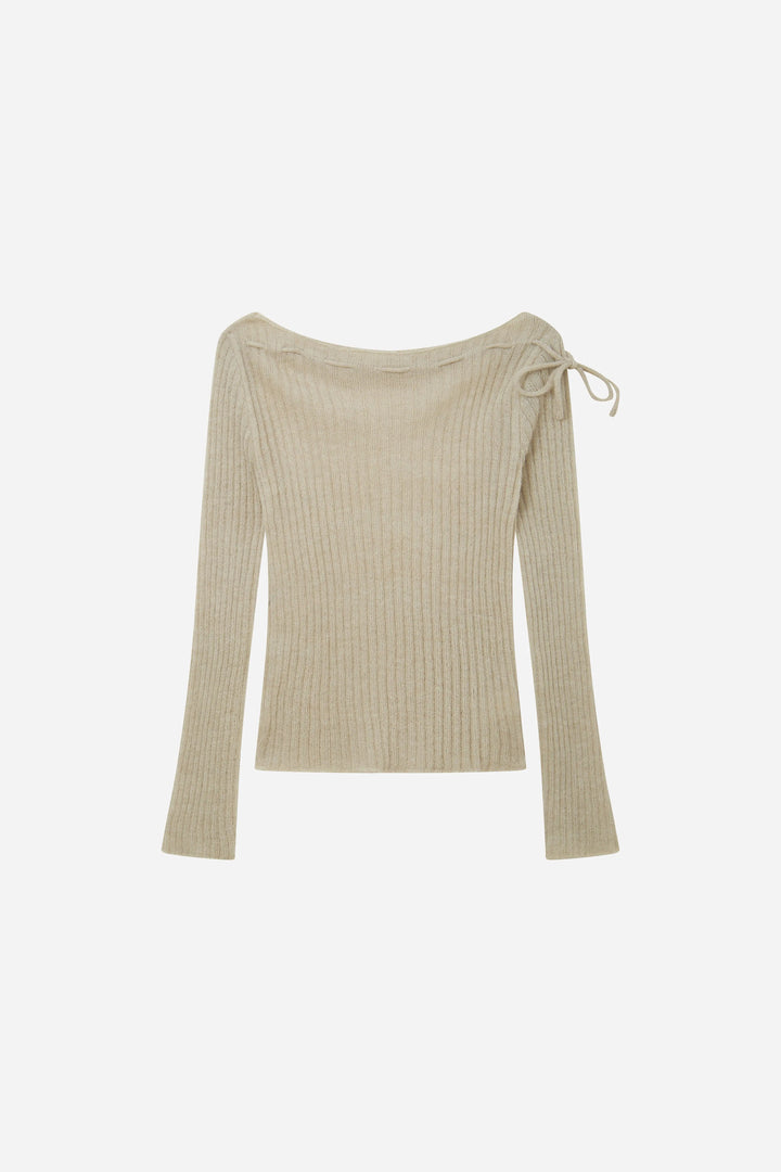 An image of a   11280 Ribbed Off-Shoulder Tie Knit by  Mirra Masa