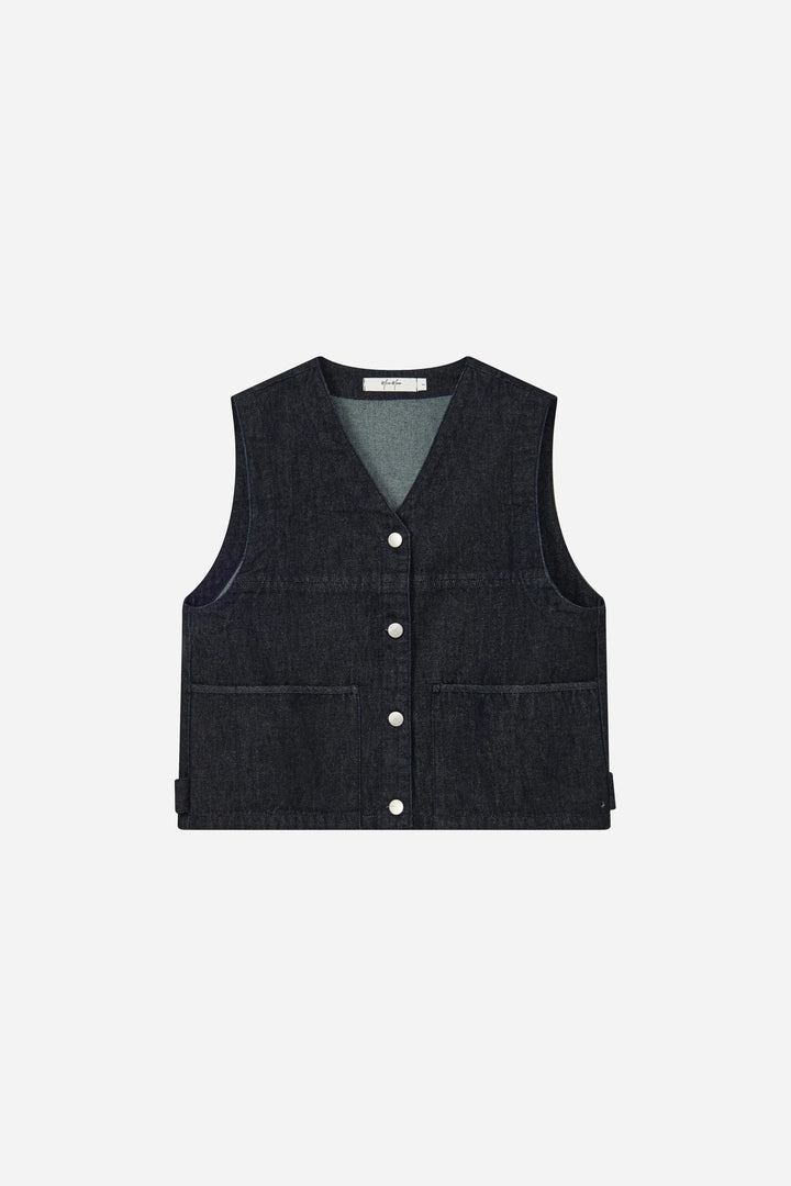 An image of a   11344 Button-Front Denim Vest by  Mirra Masa
