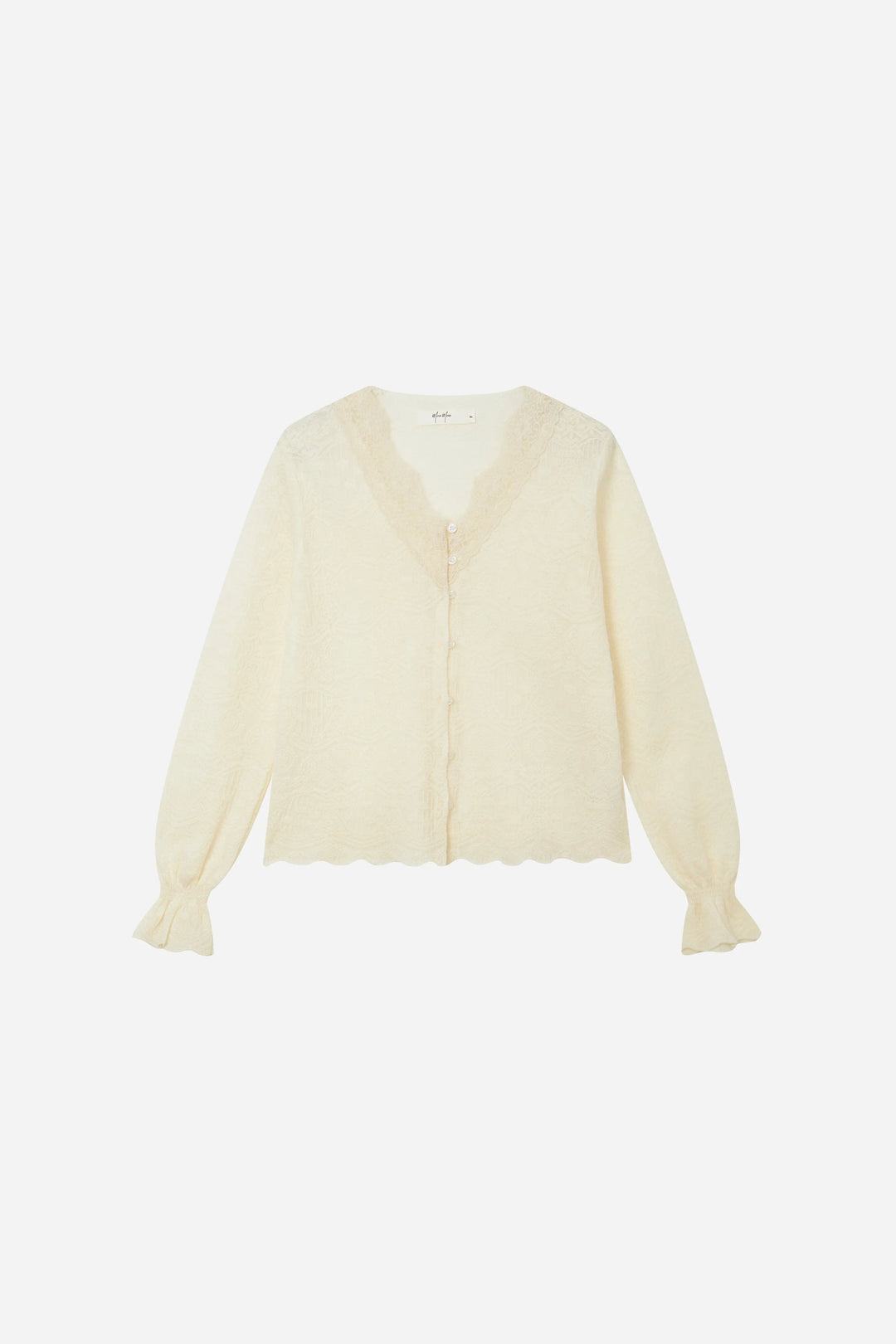 An image of a   11415 Lace Trim V-Neck Lyocell Blouse by  Mirra Masa