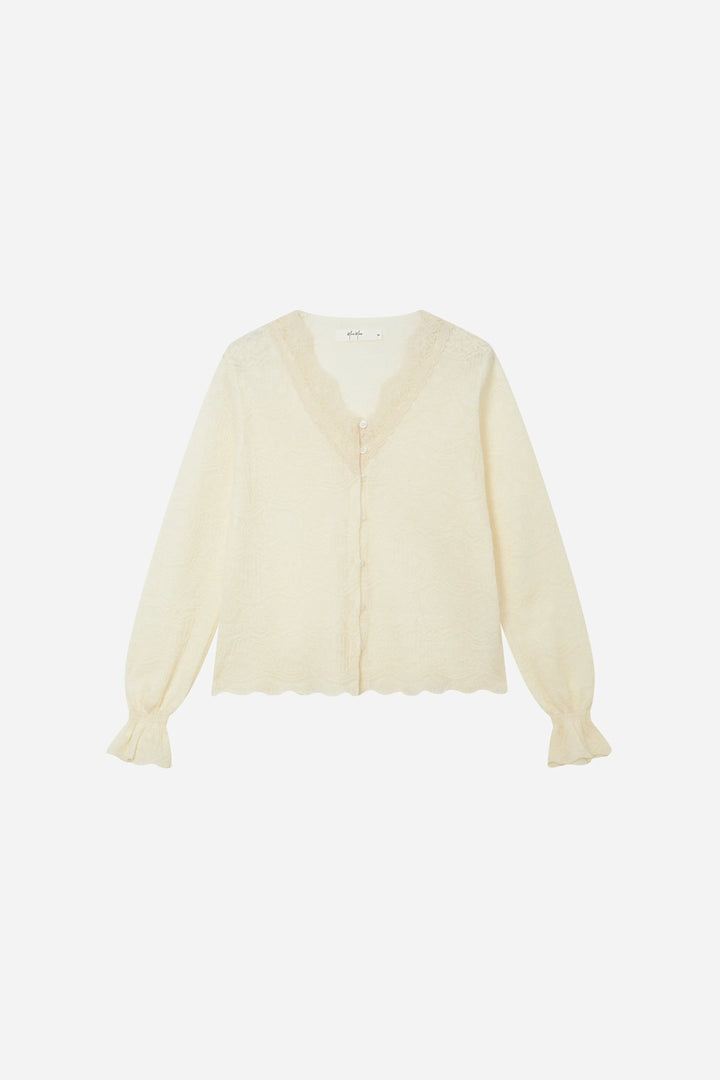 An image of a   11415 Lace Trim V-Neck Lyocell Blouse by  Mirra Masa
