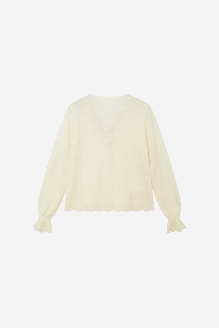 An image of a   11415 Lace Trim V-Neck Lyocell Blouse by  Mirra Masa