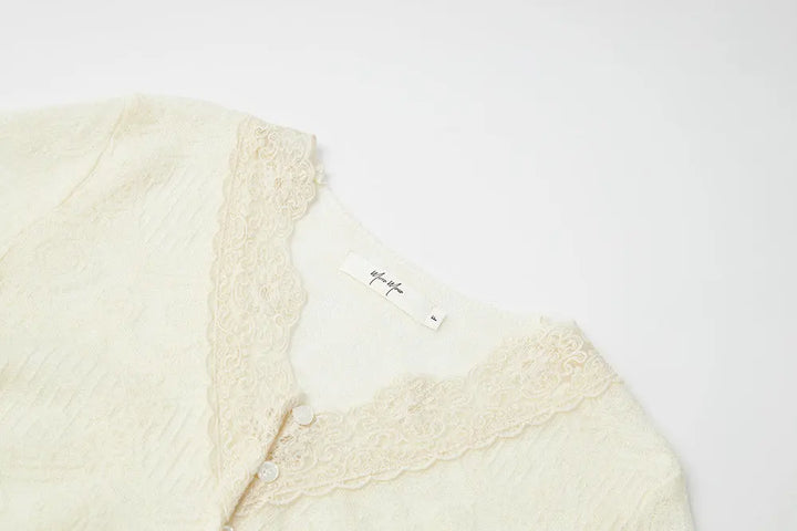 An image of a   11415 Lace Trim V-Neck Lyocell Blouse by  Mirra Masa