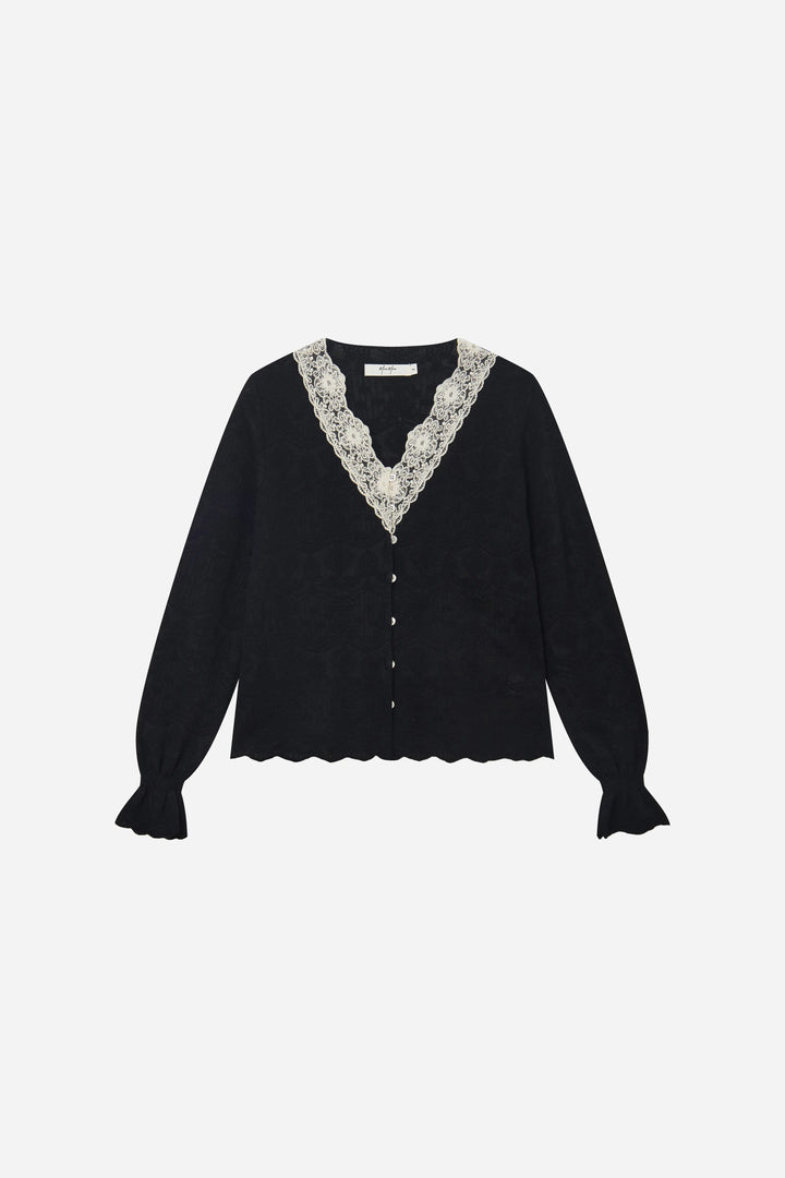 An image of a   11415 Lace Trim V-Neck Lyocell Blouse by  Mirra Masa