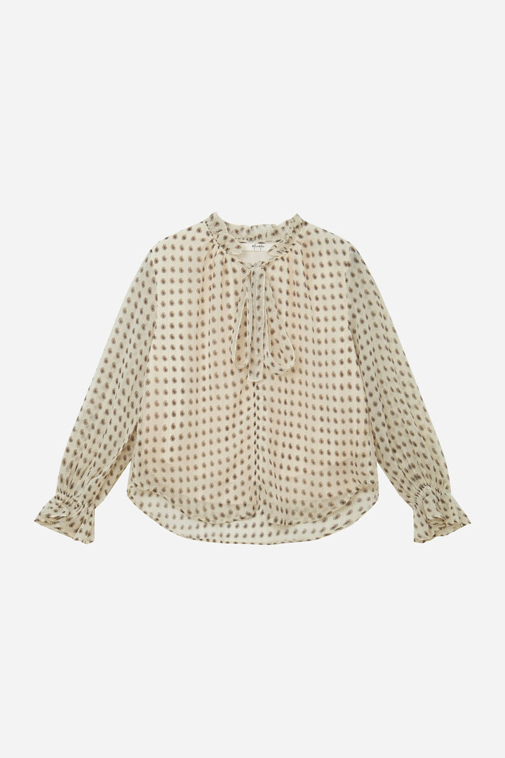 An image of a   11865 Ruffle Neck Polka Dot Blouse by  Mirra Masa
