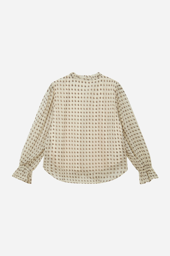 An image of a   11865 Ruffle Neck Polka Dot Blouse by  Mirra Masa