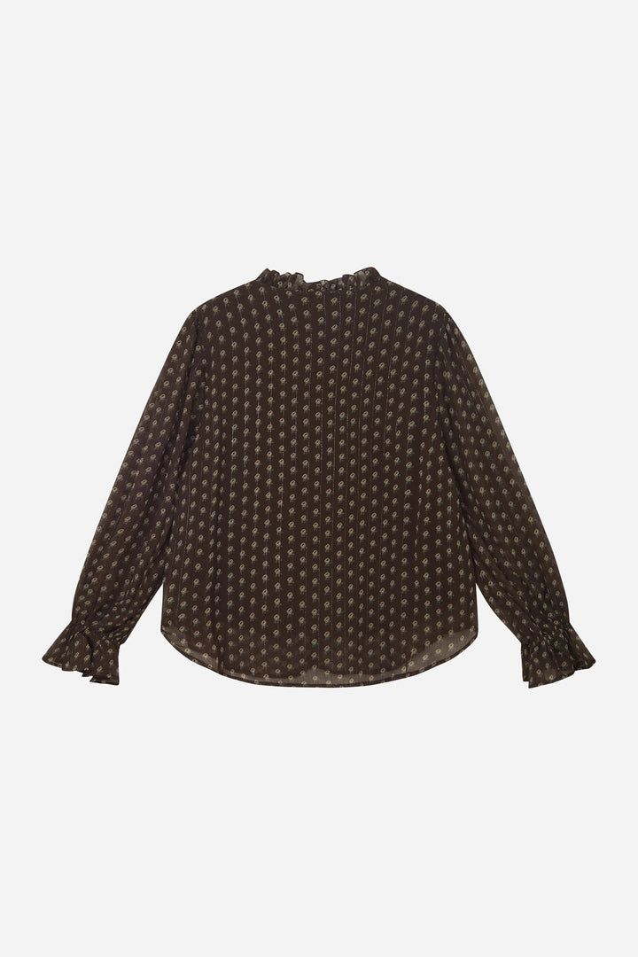 An image of a   11865 Ruffle Neck Polka Dot Blouse by  Mirra Masa