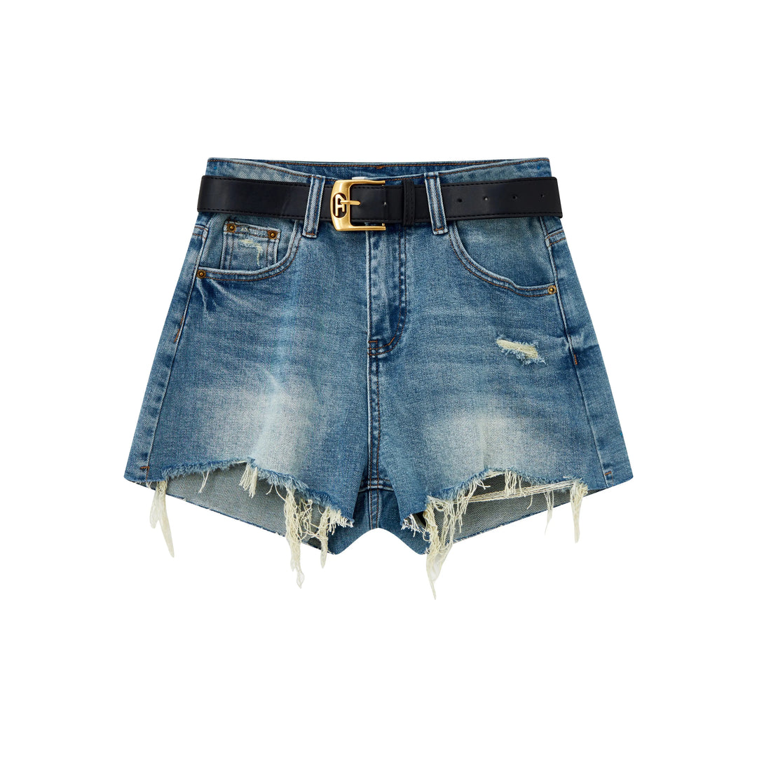 An image of a  Denim-Blue-27 12278 Distressed Denim Shorts by  Mirra Masa
