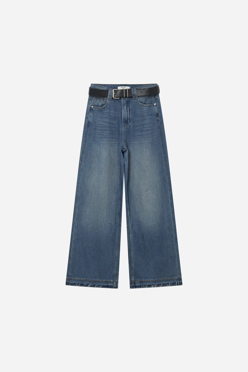 12670 Belted Wide Leg Raw Hem Jeans