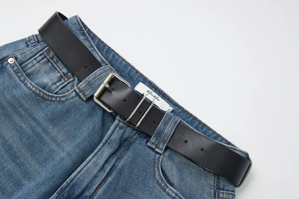 An image of a   12670 Belted Wide Leg Raw Hem Jeans by  Mirra Masa