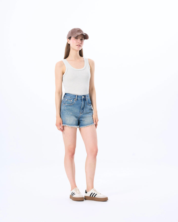 An image of a   20564 Studded and Frayed Denim Shorts by  Mirra Masa