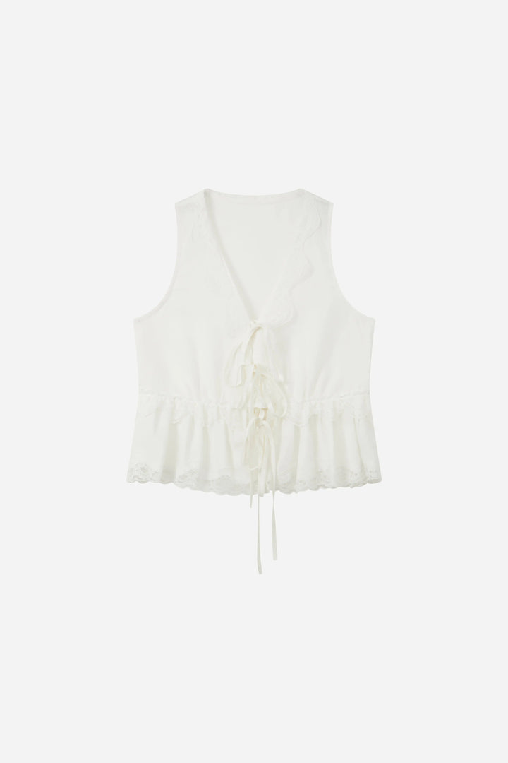 An image of a   21384 Lace Trim Tie-Front Top by  Mirra Masa