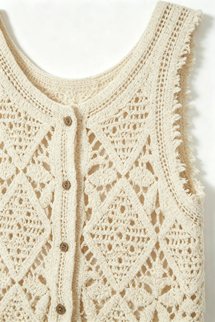 An image of a   21560OL Crochet Button-Up Vest by  Mirra Masa