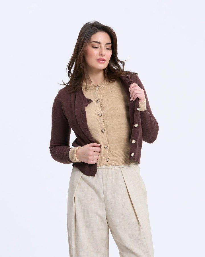 An image of a   2214D Two-Tone Layered Cardigan by  Mirra Masa