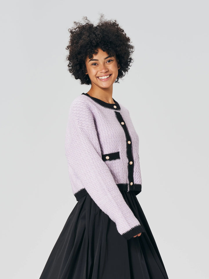 An image of a  Purple-One-Size 23285 Crochet Roundneck Cardigan by  Mirra Masa