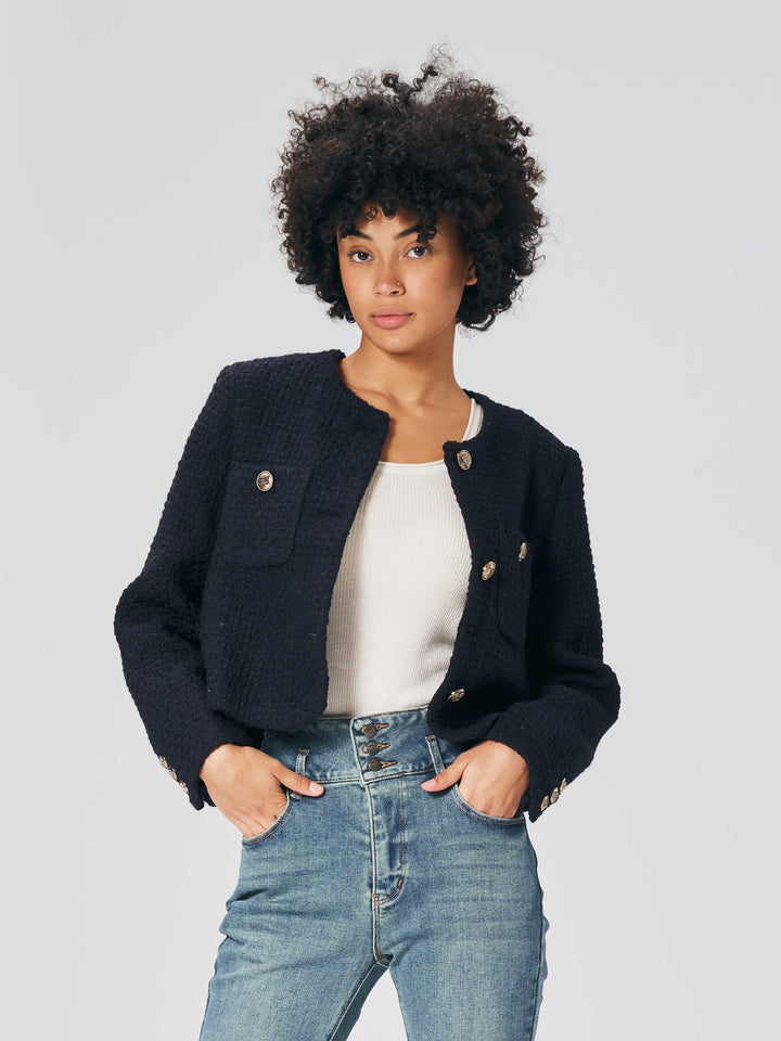 An image of a  M-Dark-Blue 23421 Cropped Roundneck Wool Jacket by  Mirra Masa