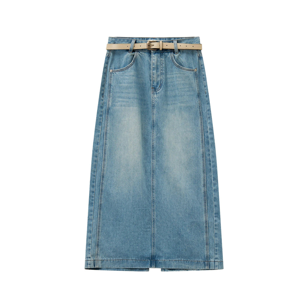 An image of a  Washed Blue / 30 30474 Denim Midi Skirt by  Mirra Masa