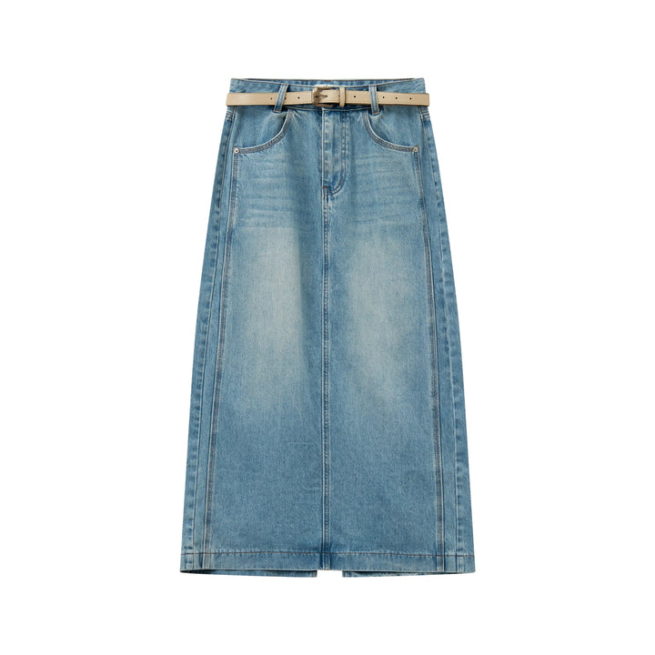 An image of a  Washed Blue / 30 30474 Denim Midi Skirt by  Mirra Masa