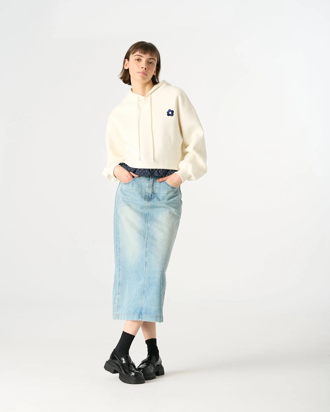 An image of a   30474 Denim Midi Skirt by  Mirra Masa