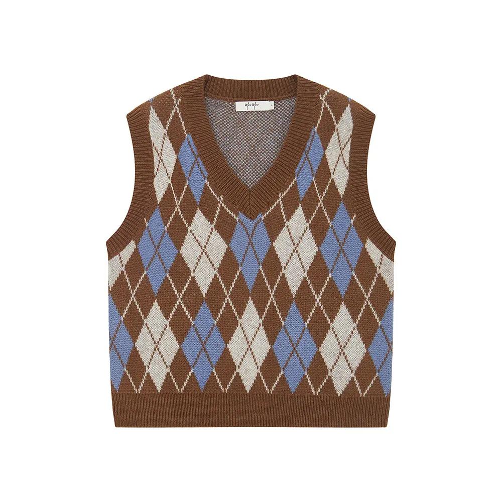 An image of a  Dark Khaki / One-Size 31063 Argyle Knit Sweater Vest by  Mirra Masa
