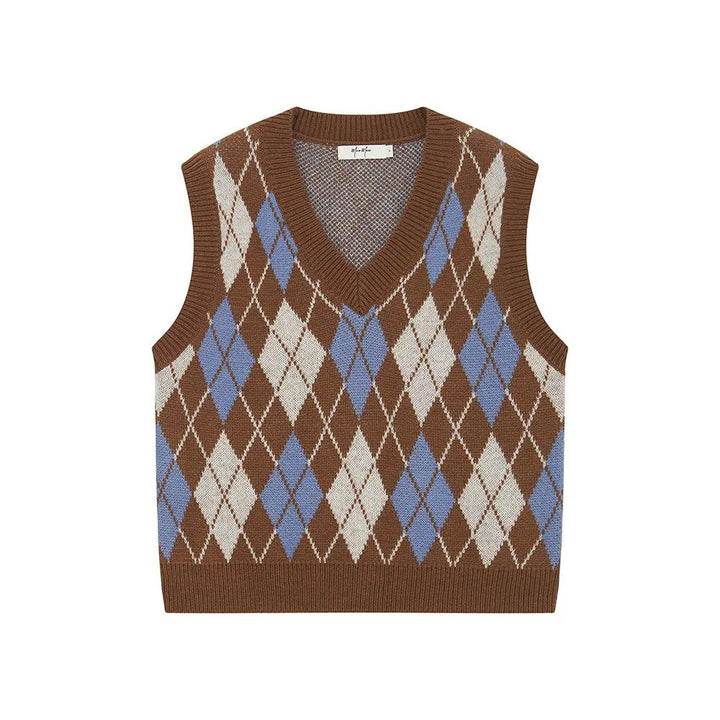 An image of a  Dark Khaki / One-Size 31063 Argyle Knit Sweater Vest by  Mirra Masa