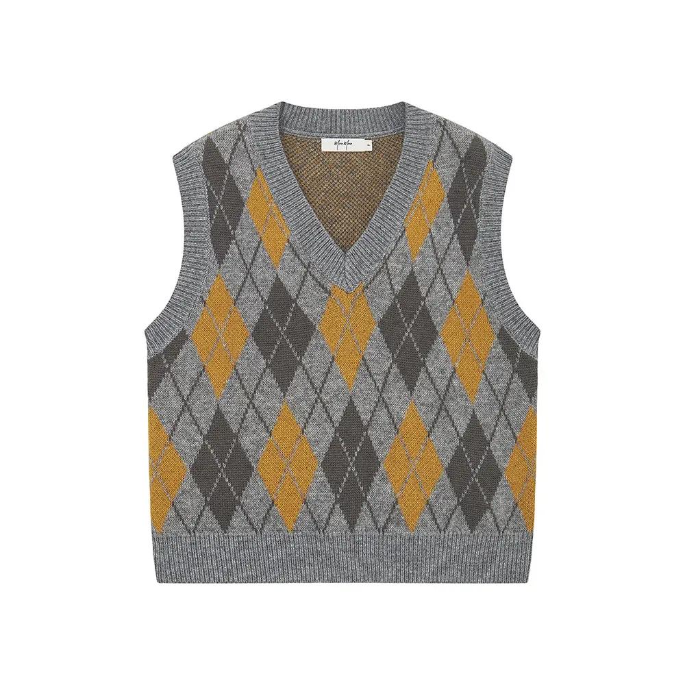 An image of a  Grey / One-Size 31063 Argyle Knit Sweater Vest by  Mirra Masa