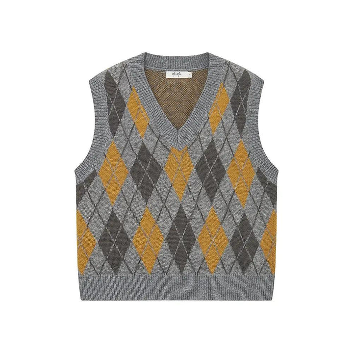 An image of a  Grey / One-Size 31063 Argyle Knit Sweater Vest by  Mirra Masa