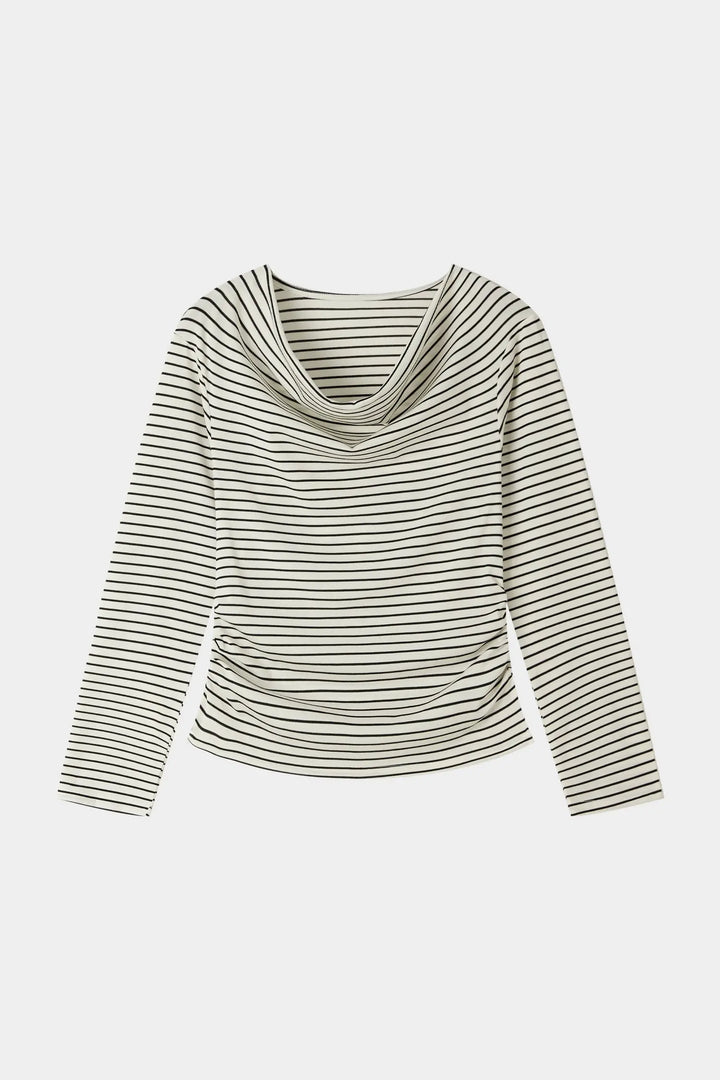 An image of a   31119 Striped Cowl Neck Long Sleeve by  Mirra Masa