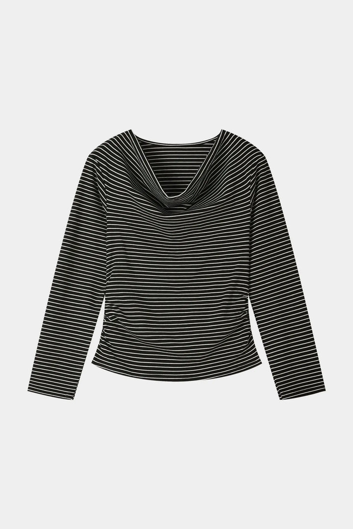 An image of a   31119 Striped Cowl Neck Long Sleeve by  Mirra Masa