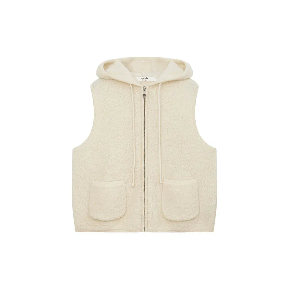 An image of a  Creme / One-Size 31170 Hooded Wool Zip-Up Vest by  Mirra Masa