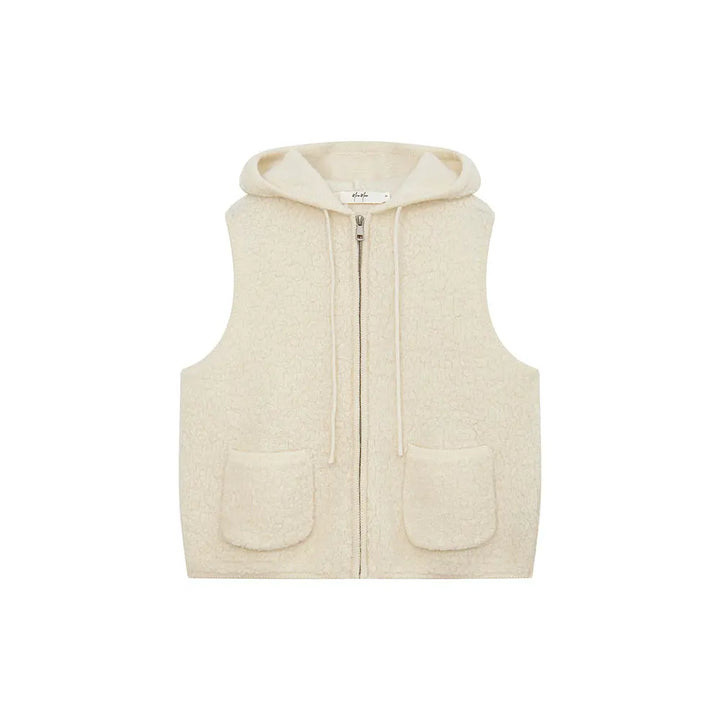 An image of a  Creme / One-Size 31170 Hooded Wool Zip-Up Vest by  Mirra Masa