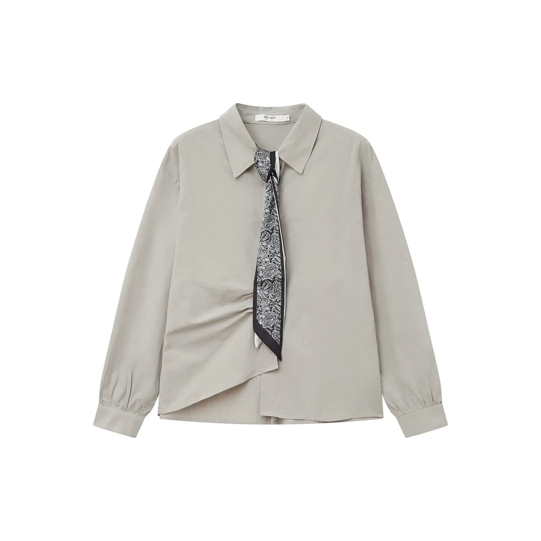An image of a  Light Grey / One-Size 31284 Scarf-Tie Collared Blouse by  Mirra Masa