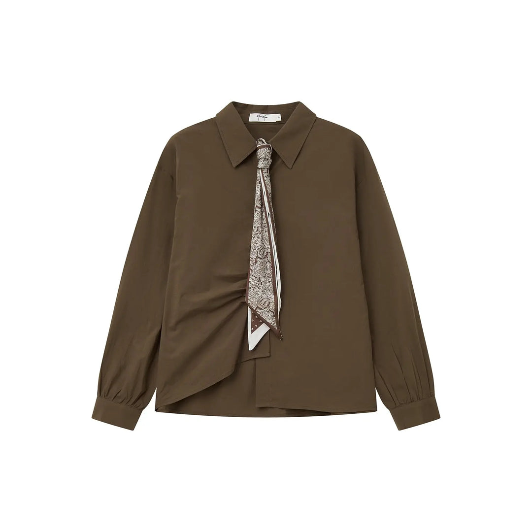 An image of a  Brown / One-Size 31284 Scarf-Tie Collared Blouse by  Mirra Masa