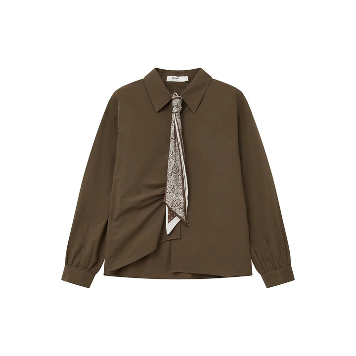 An image of a  Brown / One-Size 31284 Scarf-Tie Collared Blouse by  Mirra Masa