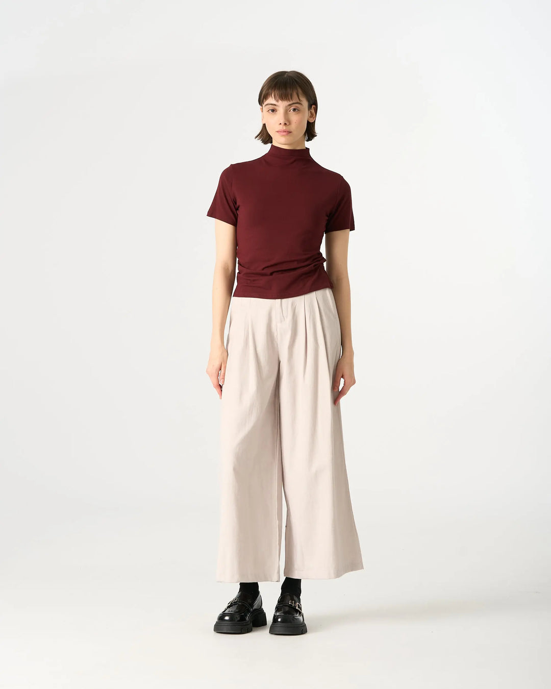 An image of a  Burgundy Red / One-Size 31300 Ruched Side Slim-Fit Tee by  Mirra Masa