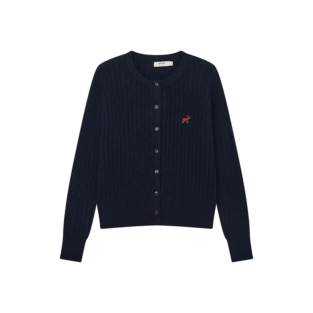 An image of a  Dark Blue / One-Size 31308 Cable Knit Cardigan by  Mirra Masa