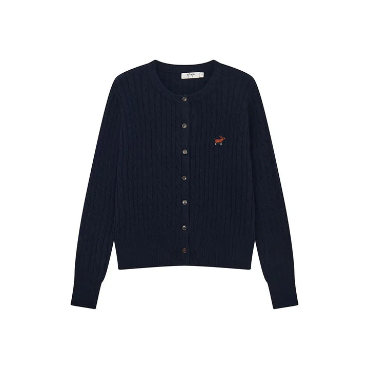 An image of a  Dark Blue / One-Size 31308 Cable Knit Cardigan by  Mirra Masa