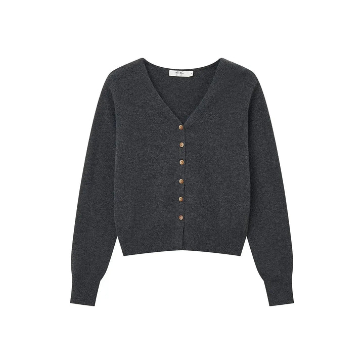 An image of a  Dark Grey / One-Size 31309 V-Neck Wool Cardigan by  Mirra Masa