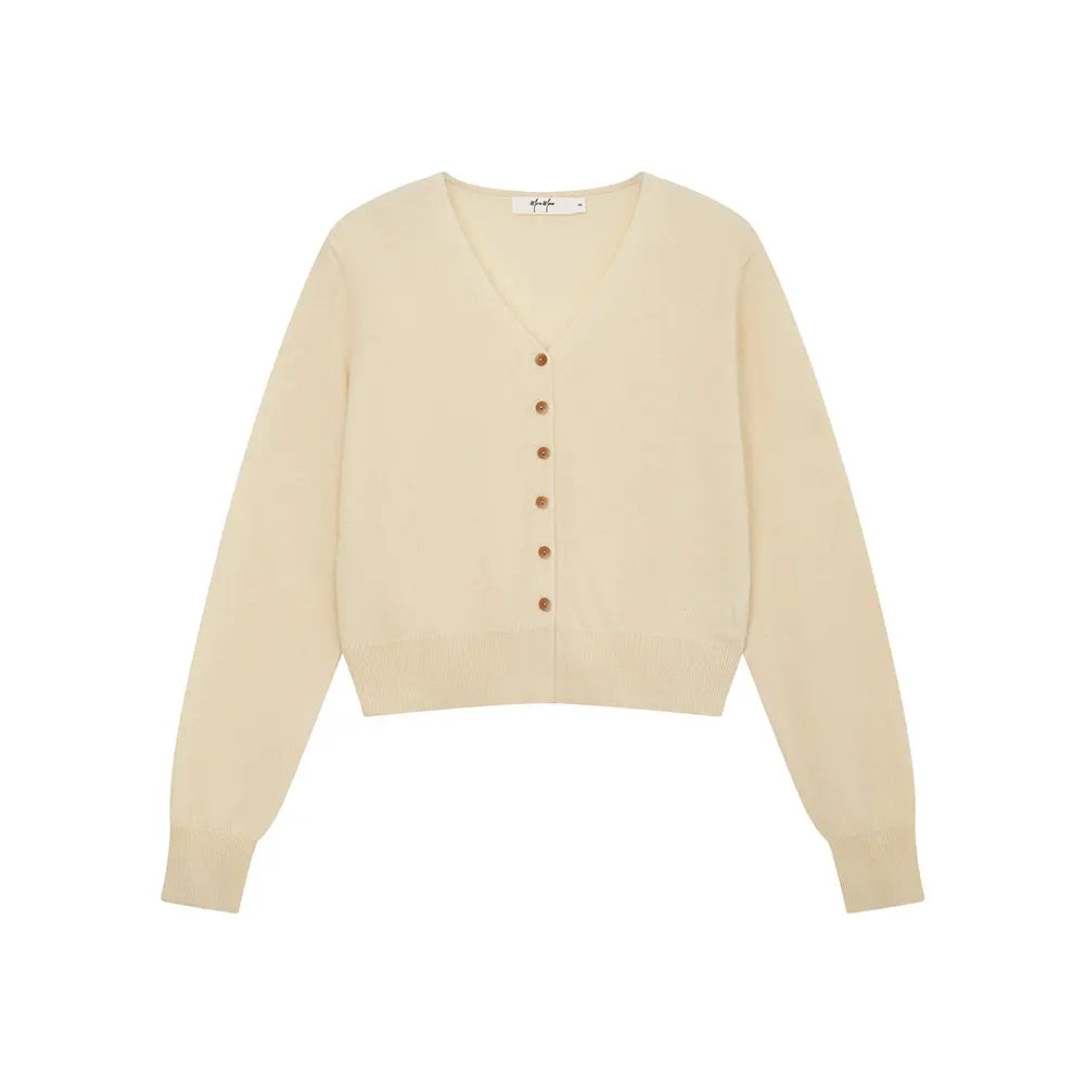 An image of a  Light Yellow / One-Size 31309 V-Neck Wool Cardigan by  Mirra Masa