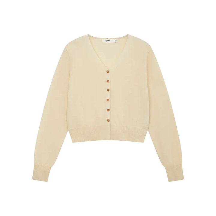 An image of a  Light Yellow / One-Size 31309 V-Neck Wool Cardigan by  Mirra Masa
