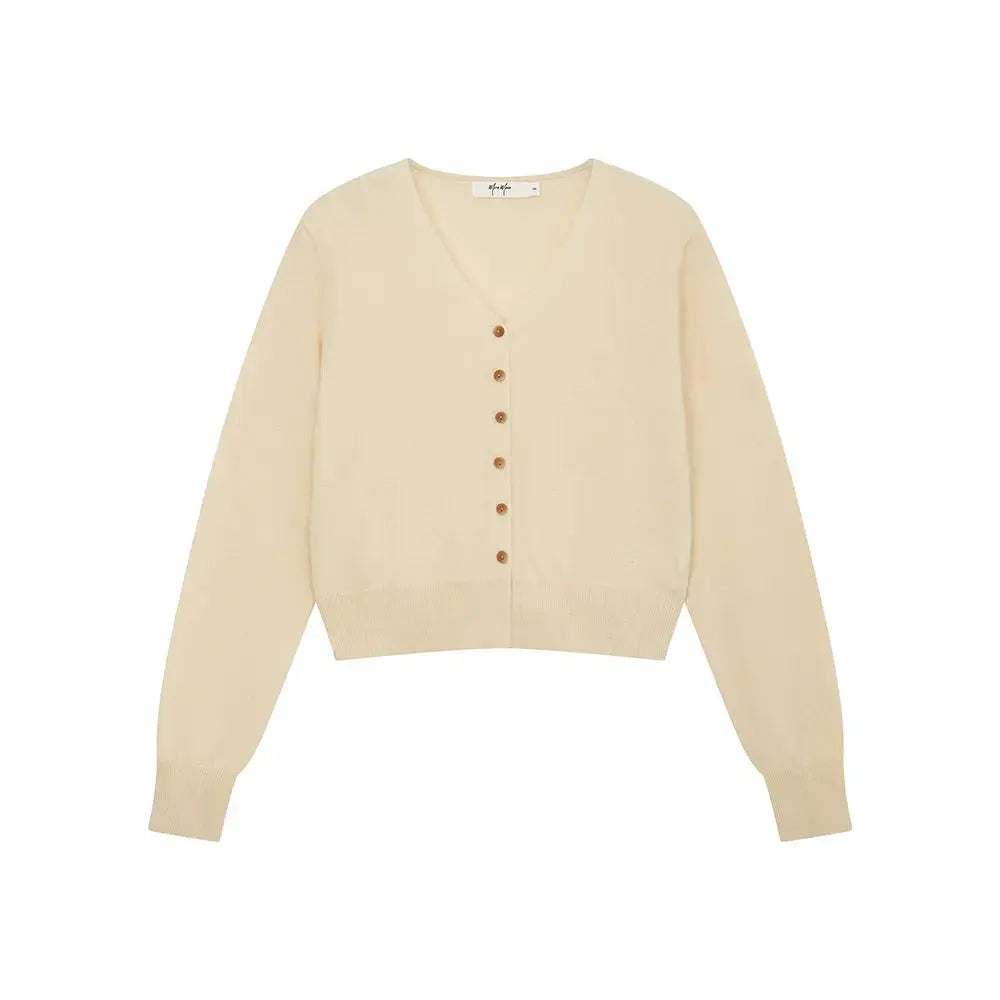 An image of a  Light Yellow / One-Size 31309 V-Neck Wool Cardigan by  Mirra Masa