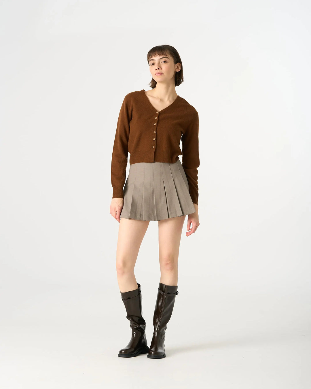 An image of a  Brown / One-Size 31309 V-Neck Wool Cardigan by  Mirra Masa