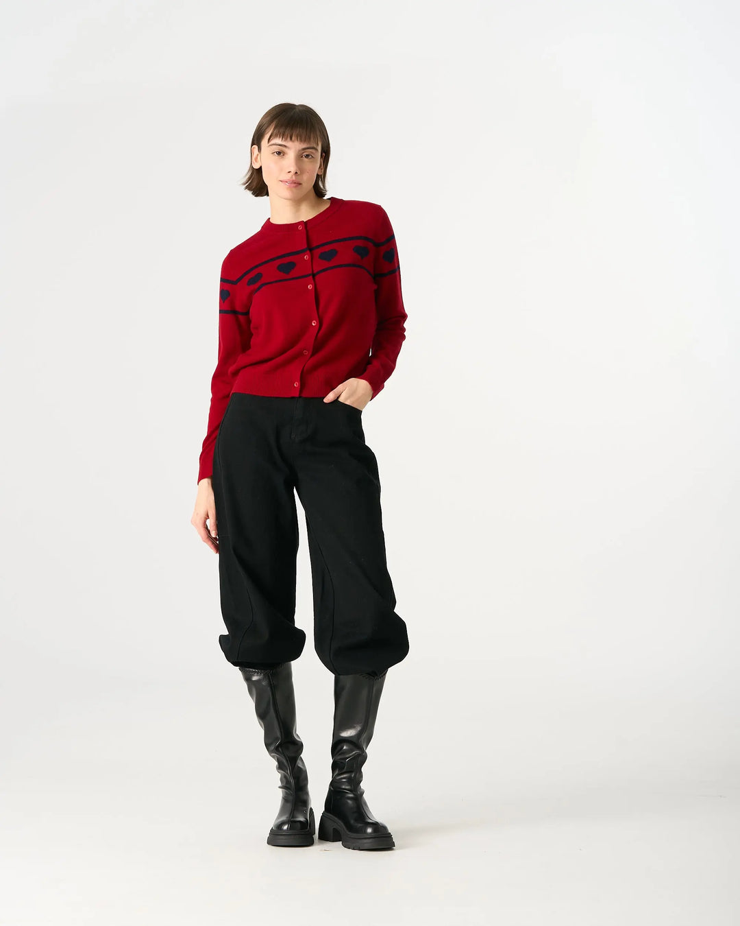 An image of a  Red / One-Size 31319 Love-In-Knit Cardigan by  Mirra Masa