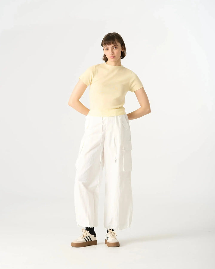 An image of a  Light Yellow / One-Size 31327 Crewneck Knitwear T-Shirt by  Mirra Masa