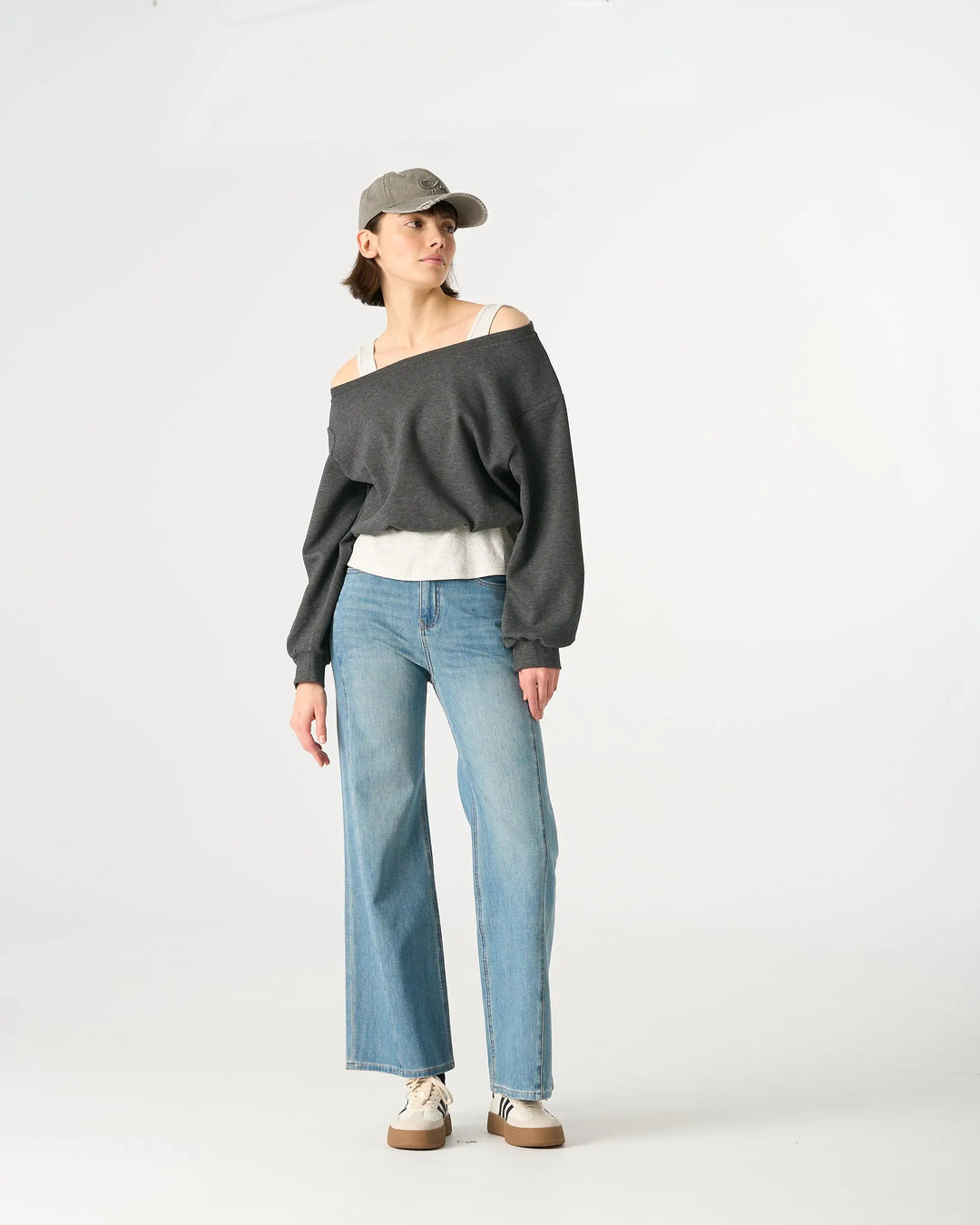 An image of a  Dark Grey / One-Size 31443 Layered and Cropped Sweatshirt by  Mirra Masa