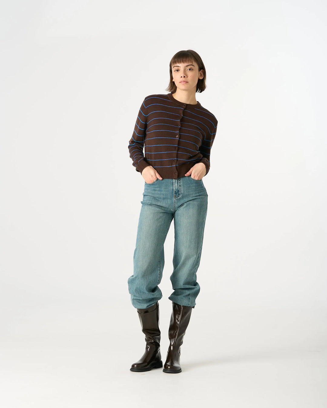 An image of a  Dark Brown / One-Size 31566 Round Neck Button-Down Cardigan by  Mirra Masa