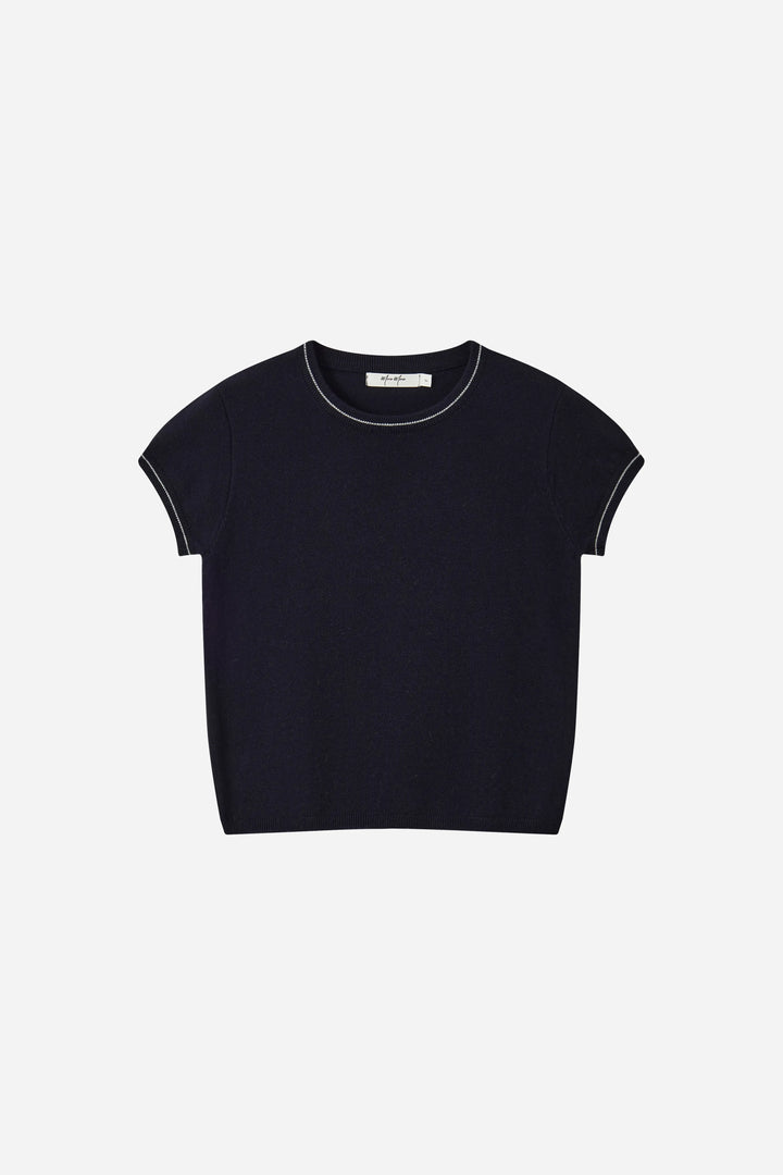 An image of a   31570 Contrast-Trim Short-Sleeve Sweater by  Mirra Masa