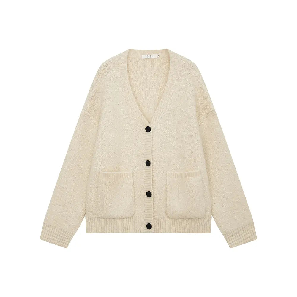 An image of a  Creme / One-Size 31601 V-Neck Button Down Cardigan by  Mirra Masa