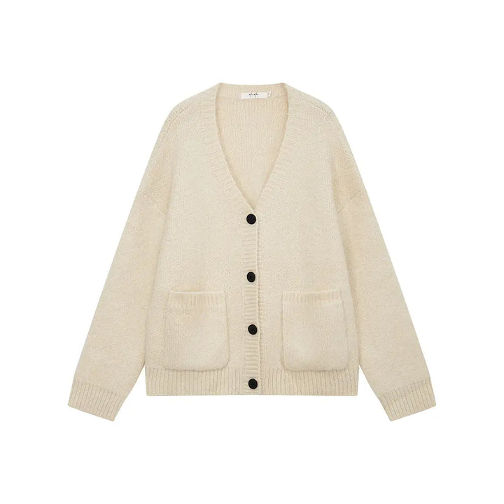 An image of a  Creme / One-Size 31601 V-Neck Button Down Cardigan by  Mirra Masa